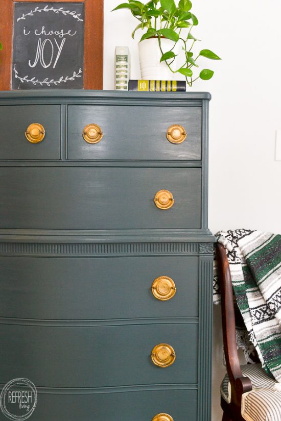 Use a paint sample from the any home improvement store to make your own DIY chalk paint to easily paint furniture in any color! Modern dark green dresser painted with DIY chalk paint.