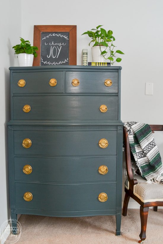 Use a paint sample from the any home improvement store to make your own DIY chalk paint to easily paint furniture in any color! Modern dark green dresser painted with DIY chalk paint.