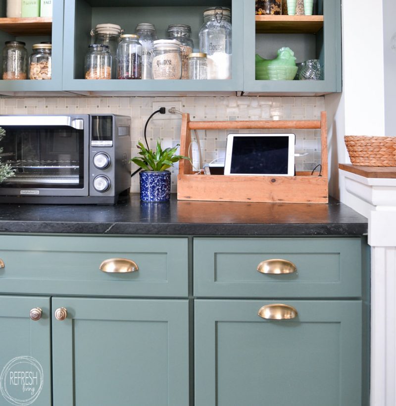 brushed bronze gold brass hardware bin pulls and knobs on green