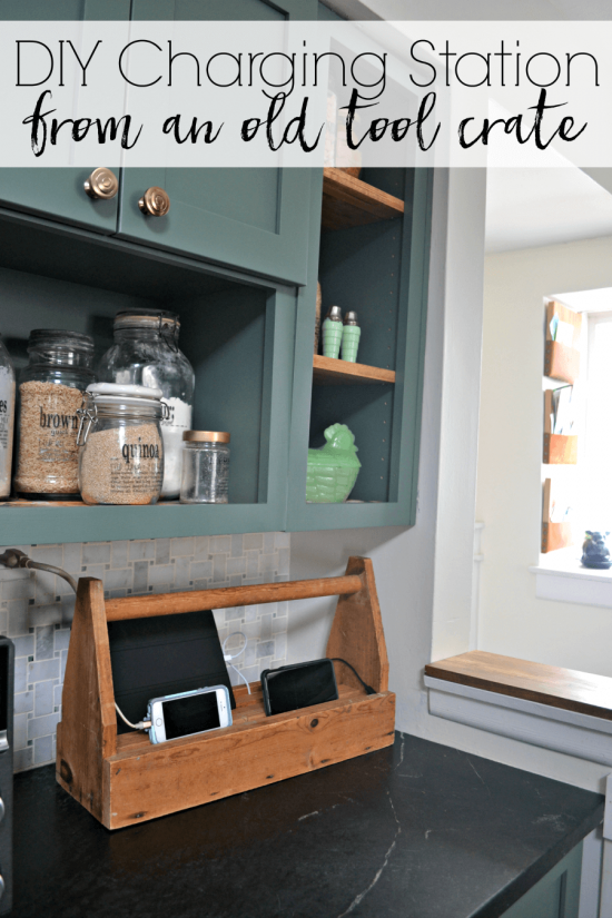 Love this idea to use an old tool crate and turn it into a charging station. I see these vintage caddies in the basements of estate sales all the time!