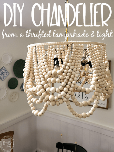 DIY wood bead chandelier from upcycled light fixture and lamp shade for ...