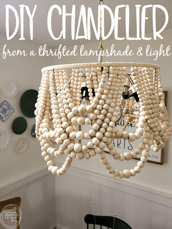 DIY wood bead chandelier from upcycled light fixture and lamp shade for a modern farmhouse look