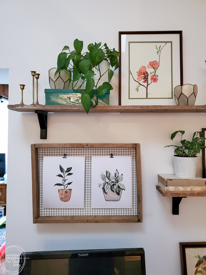 Open shelves in office with plants and watercolor floral prints and free printable plants