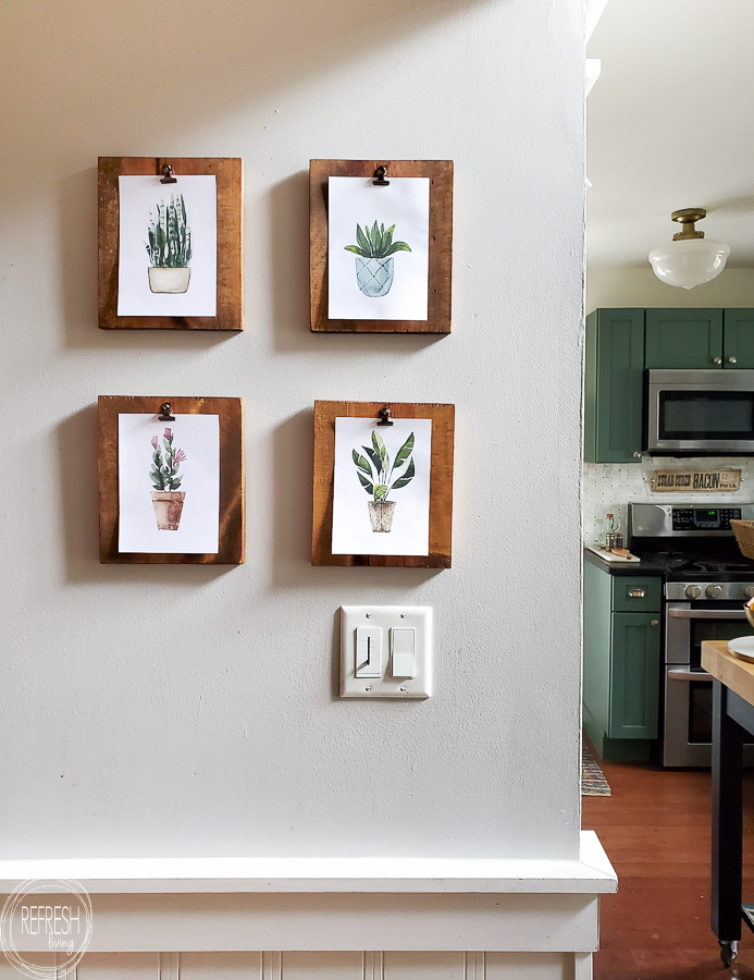 watercolor plants on DIY wood frames with clips for free spring decor