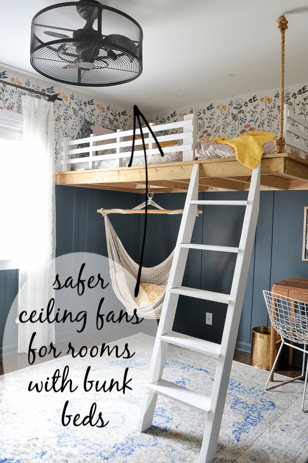 10 safer options for ceiling fans in a room with bunk beds or a lofted bed. These fans have cages around the blades to make them the best ceiling fans for bunk beds. Fandeliers for rooms with bunk beds.