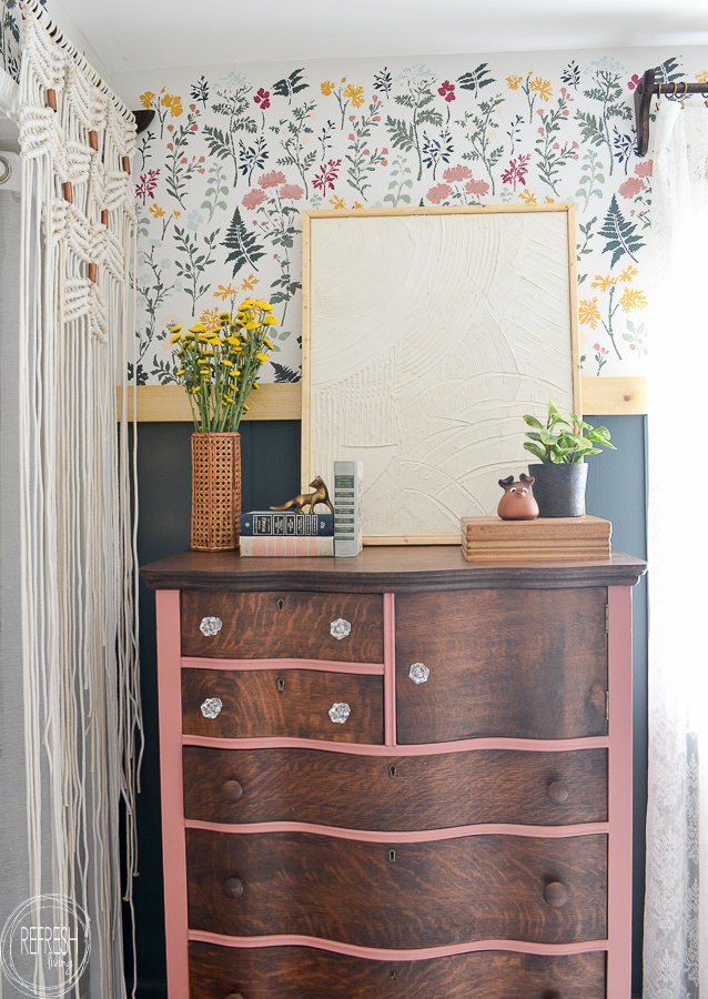 painted antique dresser with wood drawers and wood top - antique dresser pink and wood