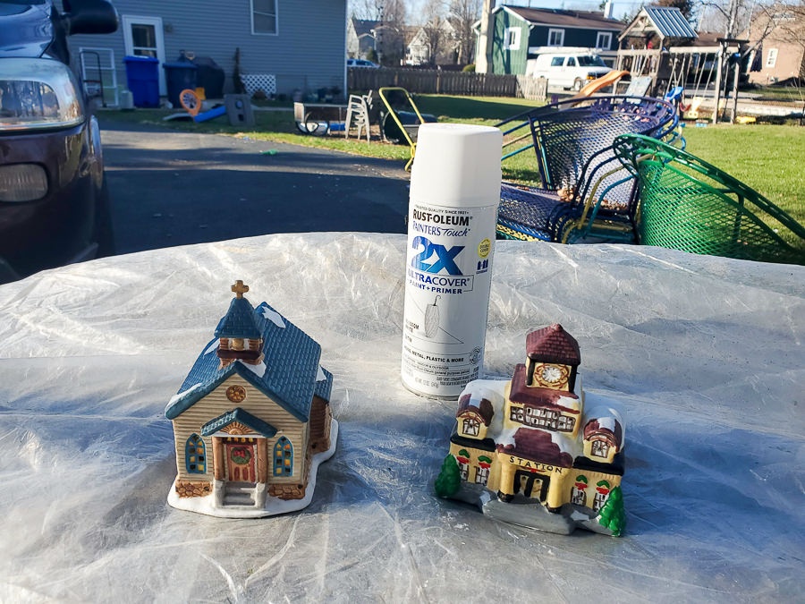 mismatched ceramic houses from thrift store