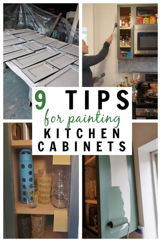 9 tips for painting kitchen cabinets collage image of how to paint kitchen cabinets