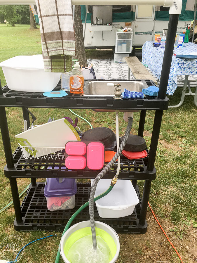 How to make a outdoor sink for camping using a plastic shelving unit