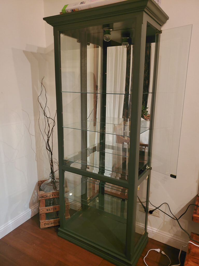 Display curio cabinet used to make an indoor greenhouse