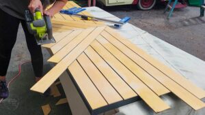 add plywood strips to hollow core door to create a modern wood door