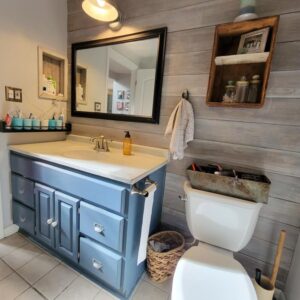 bathroom with whitewash plank wall blue vanity black mirror