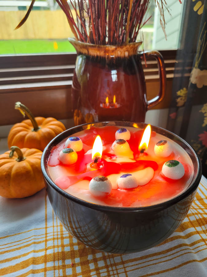 DIY candle for Halloween made to look like eyeball soup