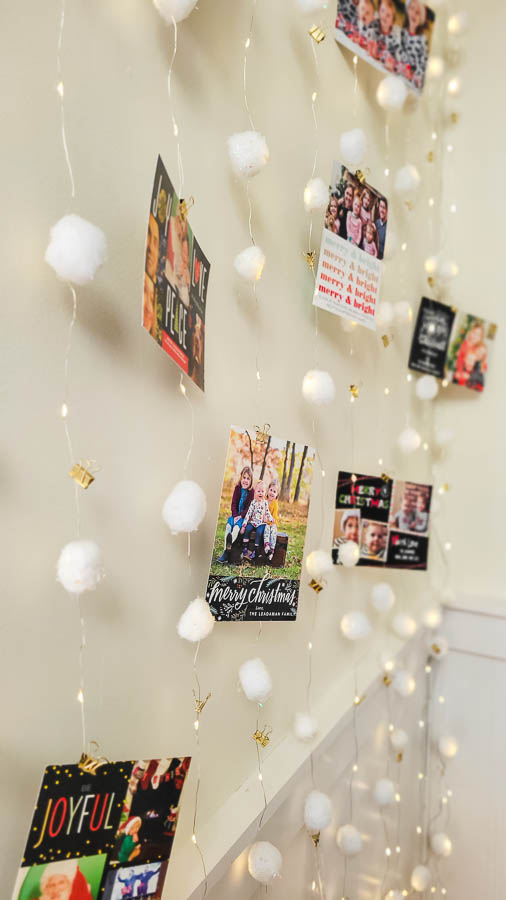 use curtain lights as Christmas card holder DIY project