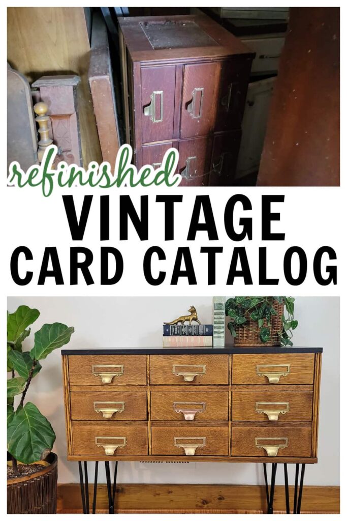 before and after vintage card catalog refinished with natural oak