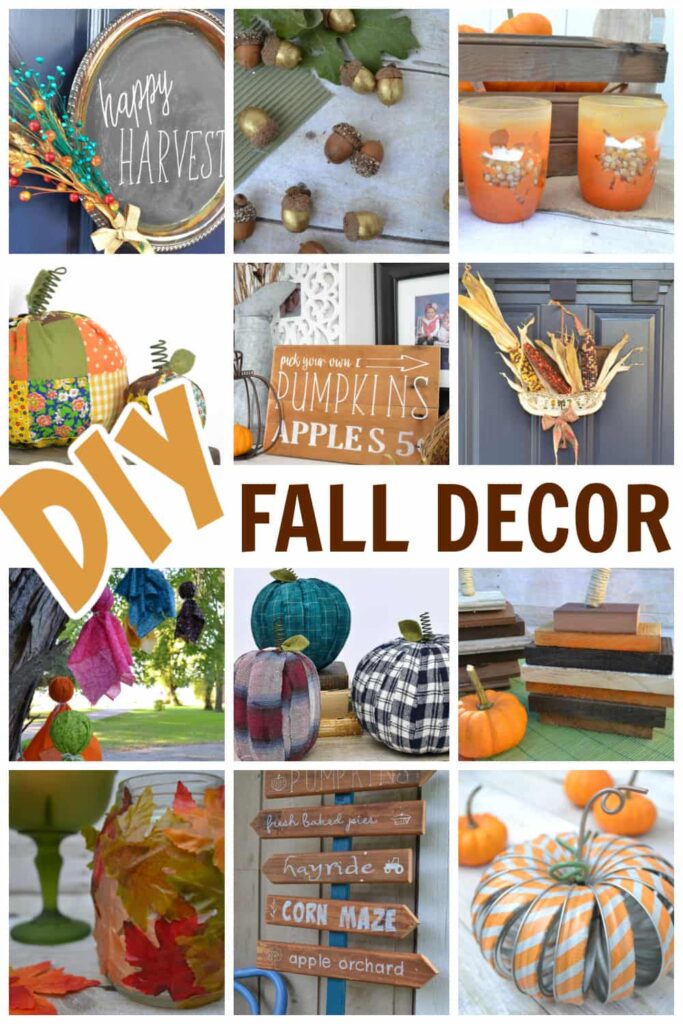 Fall DIY ideas collage image with pumpkins, wreaths and fall signs