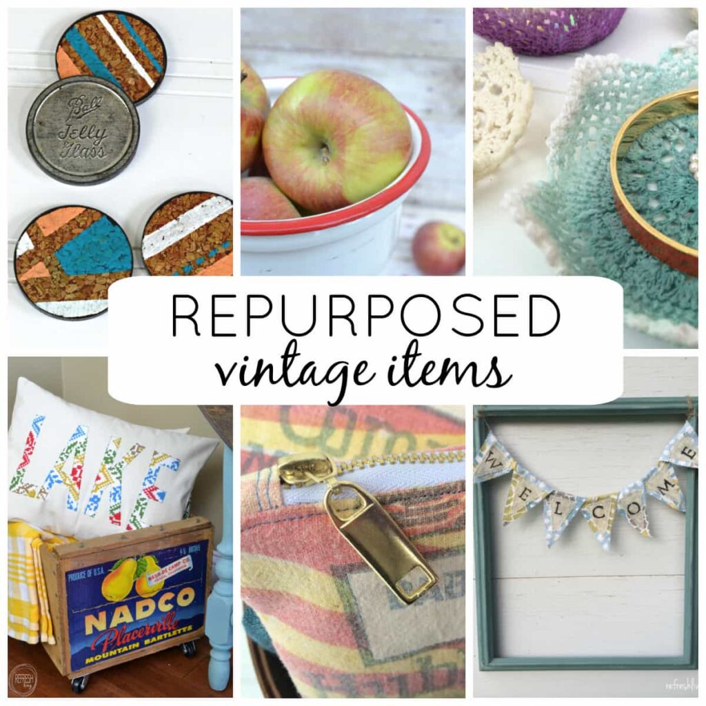 collage of upcycled vintage items for repurposing vintage decor