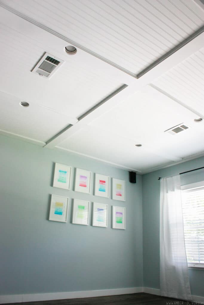 faux coffered ceiling with white beadboard