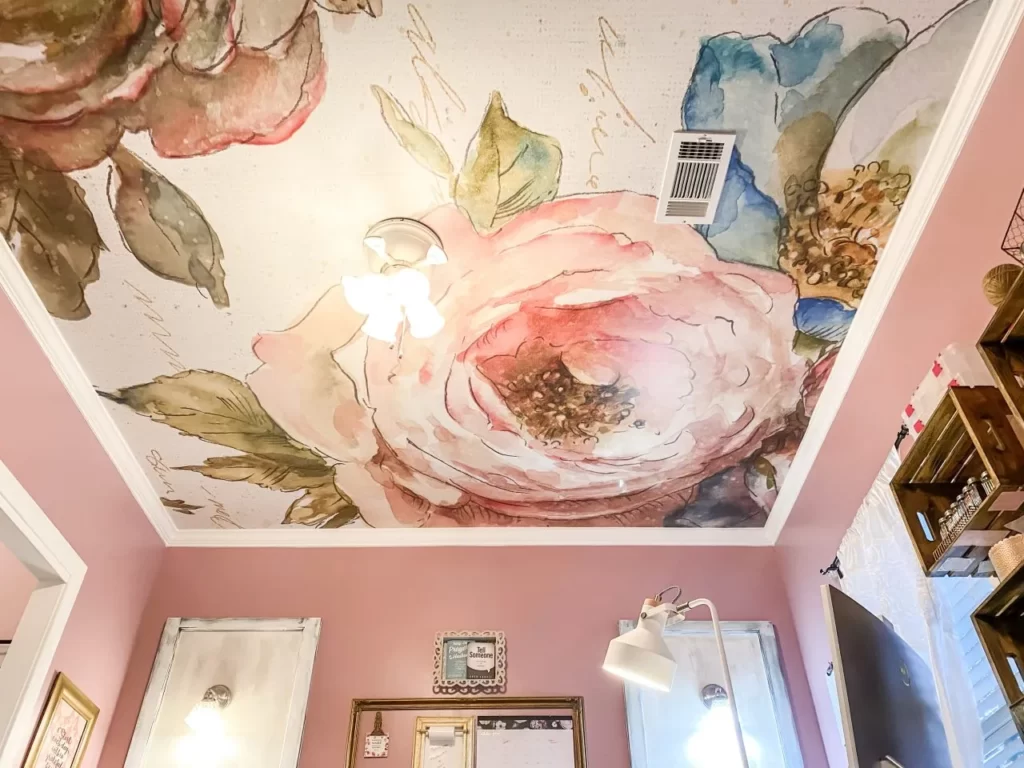 pink floral wallpaper as a unique ceiling design idesa