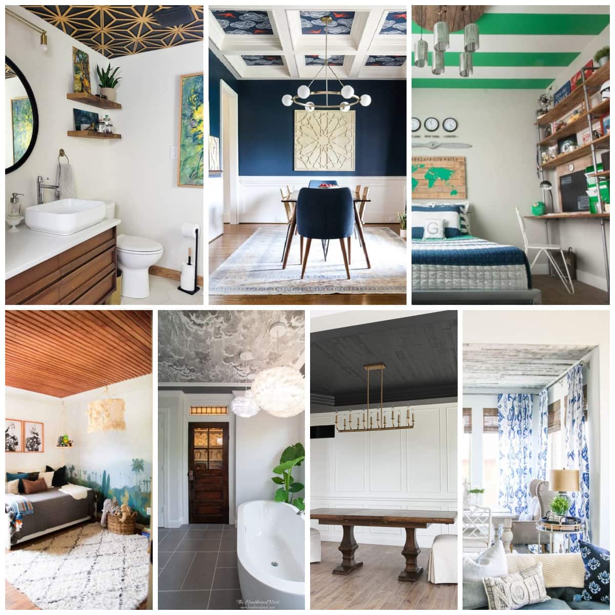 collage of unique ceiling design ideas for dining room, bedroom, bathroom, and living rooms