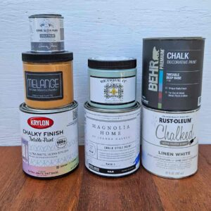 different brands of chalk paint including Behr, Melange, Annie Sloan, Rustoleum Chalked, Krylon Chalky finish, Magnolia home chalk paint
