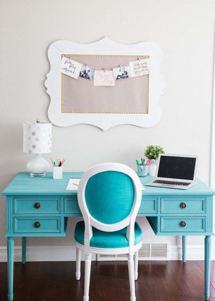 blue  turquoise chalk painted desk makeover