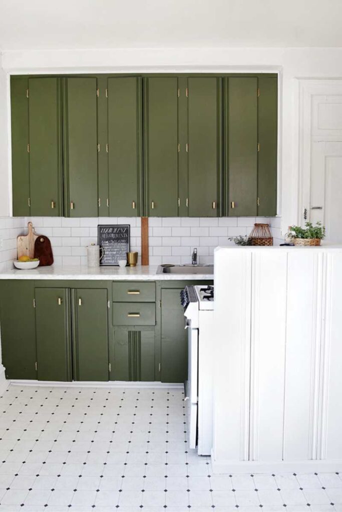 olive green kitchen cabinets with white tile