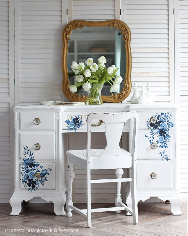 blue and white painted desk