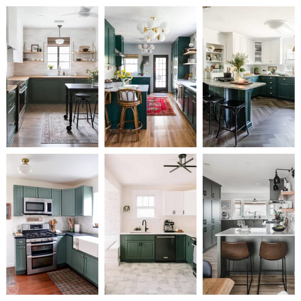 collage of dark green kitchen cabinets with paint color names