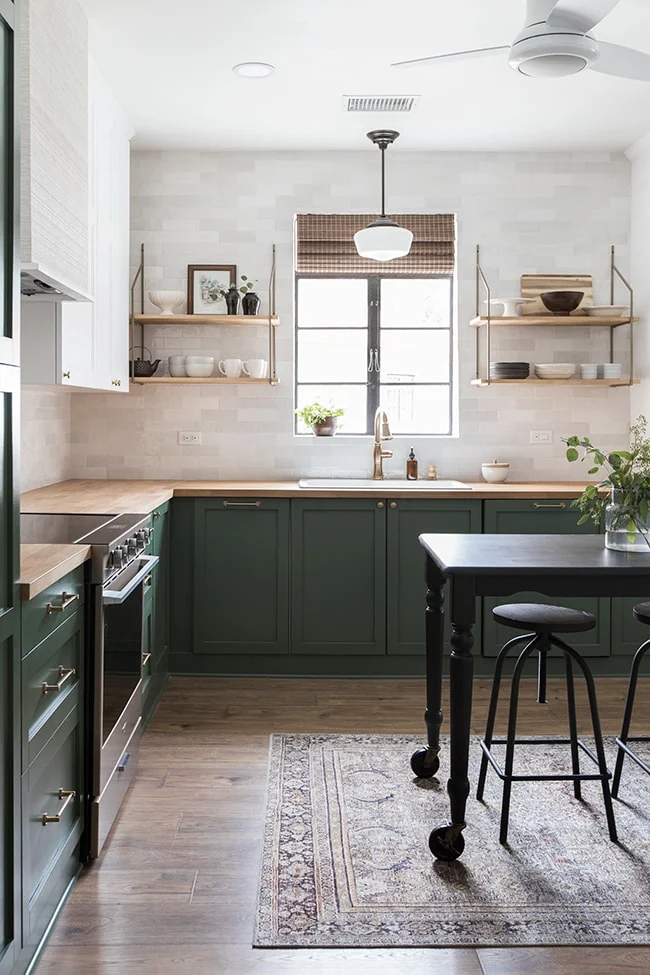 dark green painted kitchen cabinets