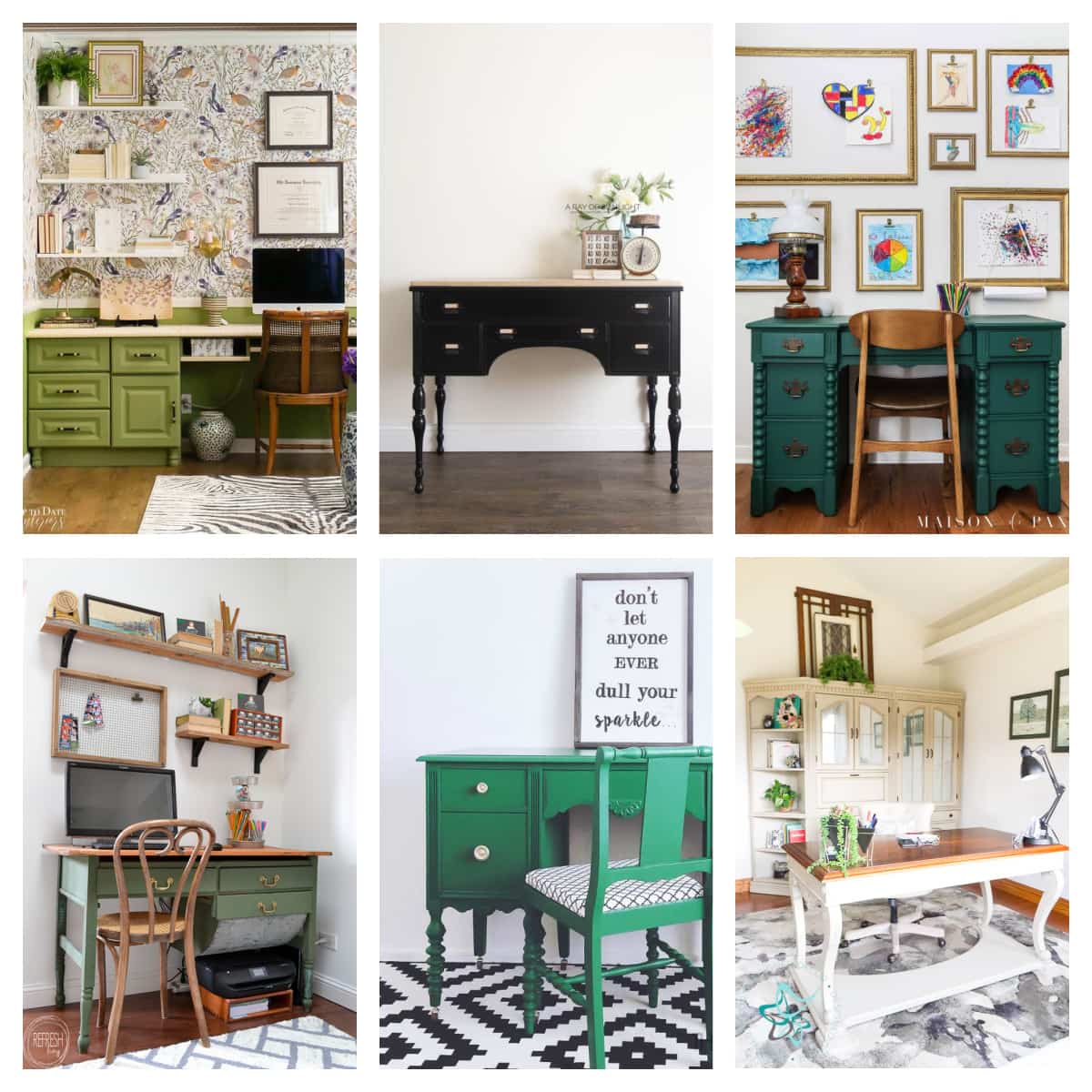 collage of 6 painted desk ideas in green, black and white