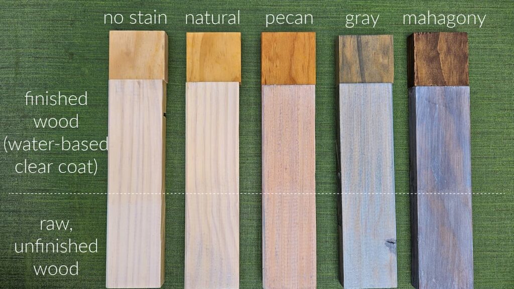 comparison of whitewash over stained wood natural, pecan, gray and mahagony