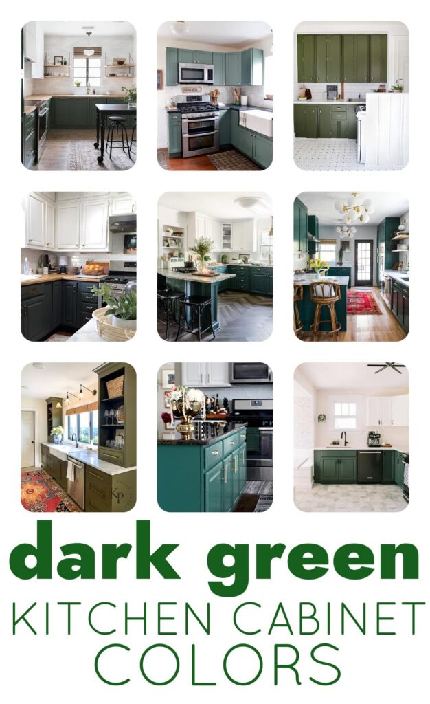 collage of kitchens with dark green cabinets matched with paint color names