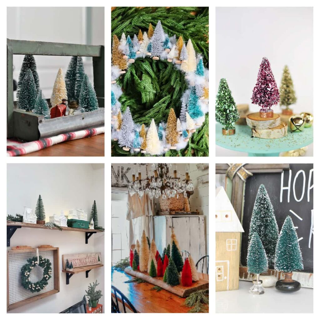 collage of ideas for decorating with bottle brush trees
