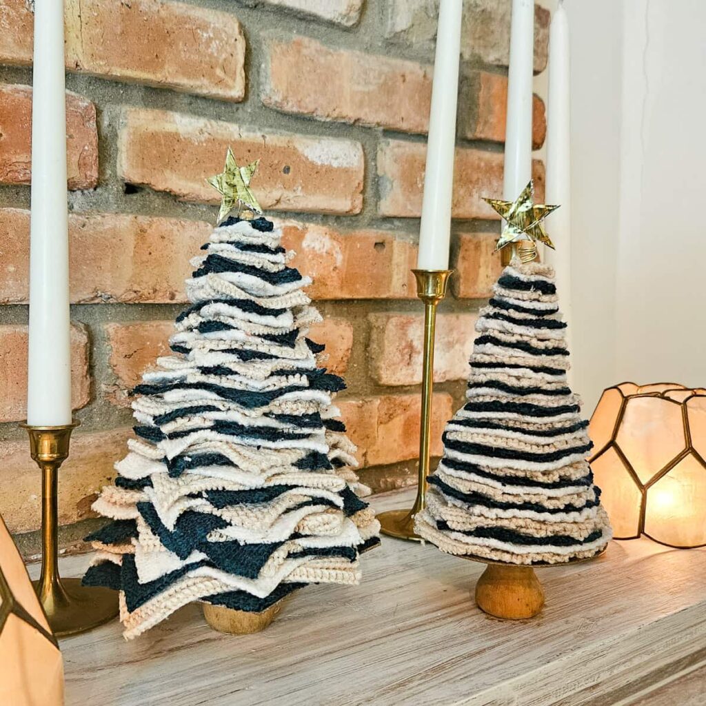 DIY sweater trees for Christmas in green white and beige with gold star