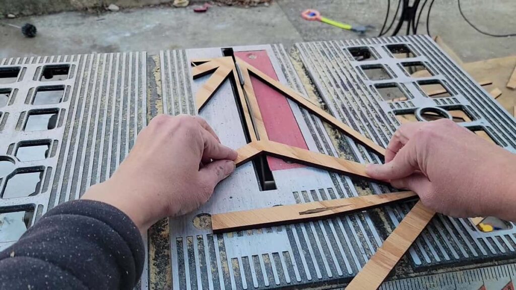 cutting wooden fretwork panels before installing on ceiling or wall