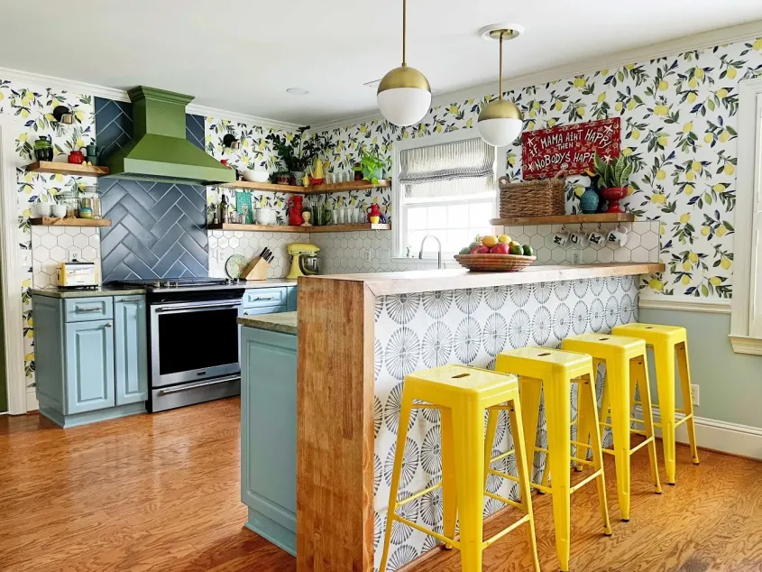 blue painted cabinets in kitchen